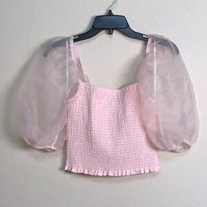 Puff Balloon Sleeve Smocked Crop Pink Top